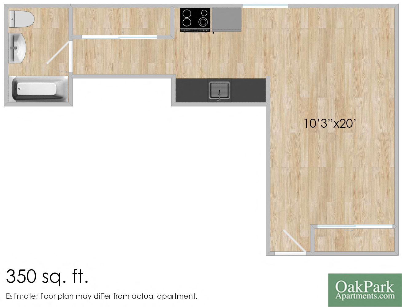 Floor plan for studio, 1 bath, 453 sqft